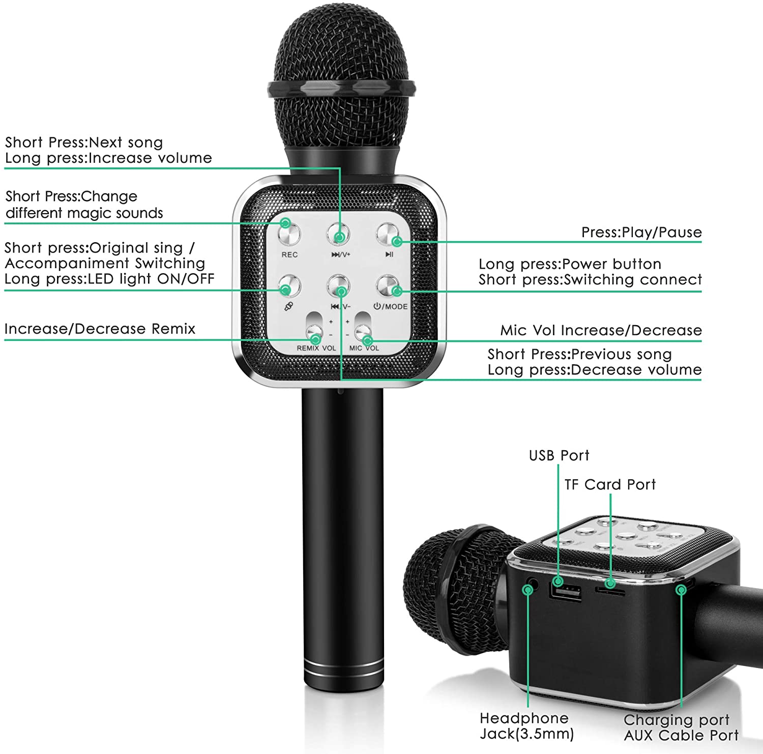 Bluetooth Karaoke Microphone for Kids with LED Lights