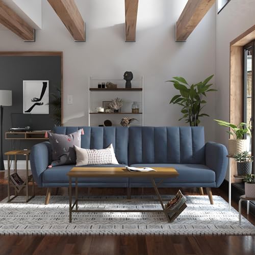 Blue Linen Sofa Bed with Wooden Legs