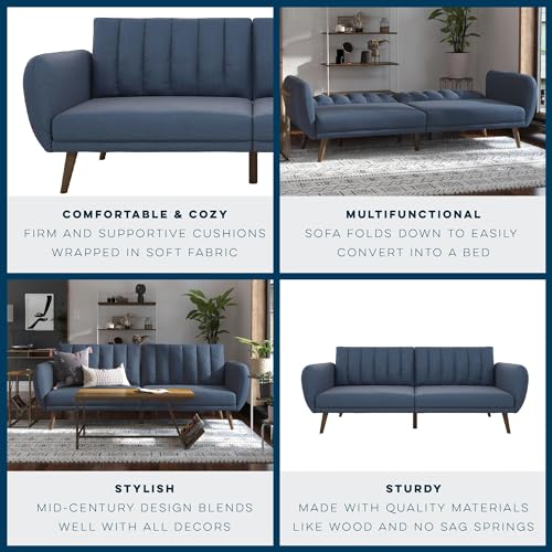 Blue Linen Sofa Bed with Wooden Legs