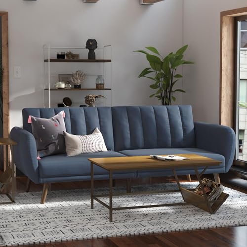 Blue Linen Sofa Bed with Wooden Legs