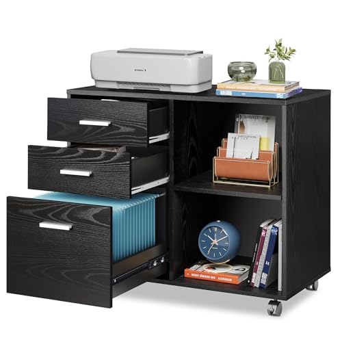 Black 3-drawer mobile file cabinet with shelves