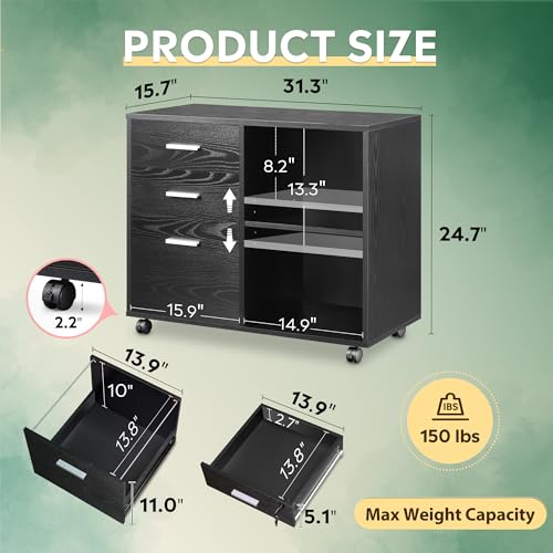 Black 3-drawer mobile file cabinet with shelves