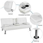 Black Faux Leather Futon with Cupholders and Pillows