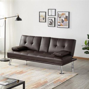 Black Faux Leather Futon with Cupholders and Pillows