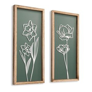 Set of 2 3D Floral Green Wall Art