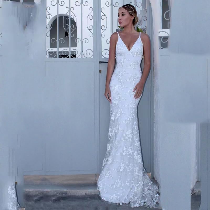 Lace Applique Mermaid V Neck Wedding Dress Bride