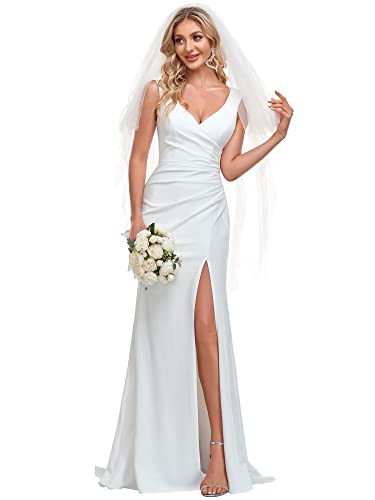 White Deep V-Neck Bodycon A-line Wedding Gown