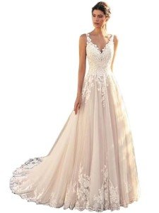 Ivory Lace V-Neck Bridal Wedding Dress Appliques Straps