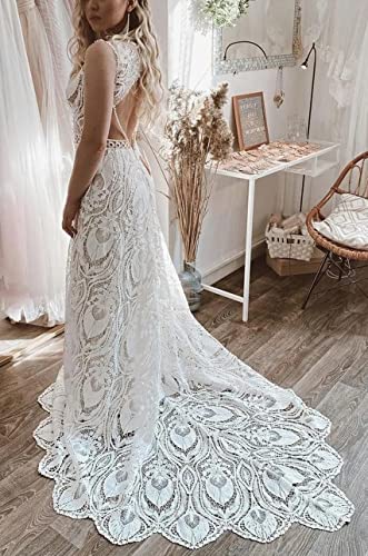 Boho Beach Wedding Dress with Open Back & Lace