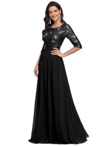 Elegant A-Line Sequin Maxi Dress in Black