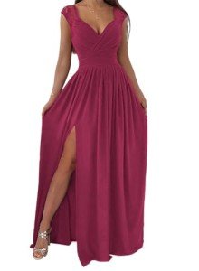 Elegant Red A-Line Deep V Neck Maxi Dress