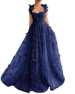 Navy Blue Corset Tulle Wedding Dress with Butterflies