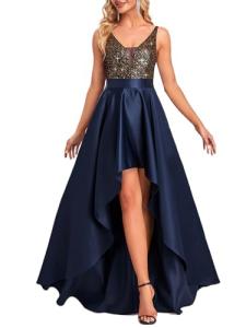 Navy Blue A-line Glitter V-Neck Wedding Dress