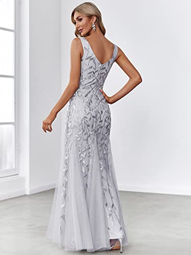 Silver Lace Embroidered Wedding Party Maxi Dress - Size US12