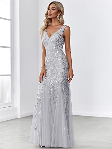 Silver Lace Embroidered Wedding Party Maxi Dress - Size US12