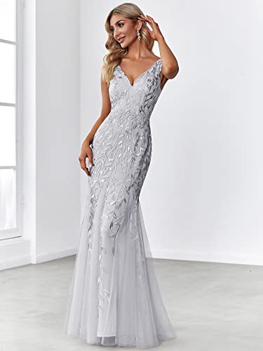 Silver Lace Embroidered Wedding Party Maxi Dress - Size US12