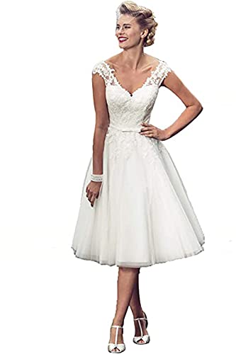 Vintage Tea Length V-Neck Lace Wedding Dress