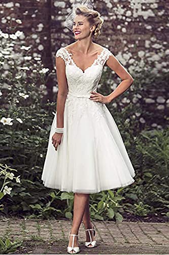 Vintage Tea Length V-Neck Lace Wedding Dress