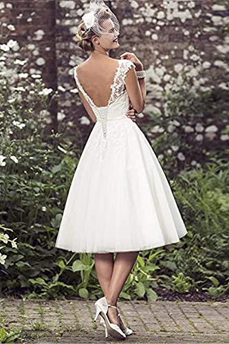 Vintage Tea Length V-Neck Lace Wedding Dress
