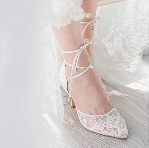 Ivory Lace Bridal Wedding Shoes Women Comfortable Mid-Heel