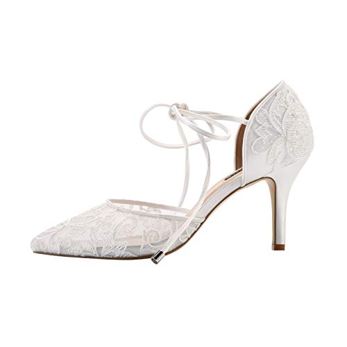 Ivory Lace Bridal Wedding Shoes Women Comfortable Mid-Heel