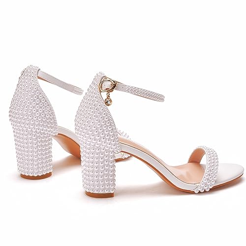 Peep Toe Pearls Block Heels Sandals for Bride
