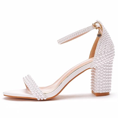 Peep Toe Pearls Block Heels Sandals for Bride