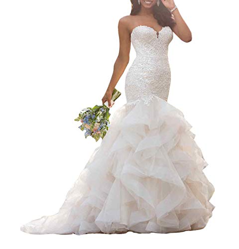 Ivory Lace Mermaid Wedding Dress with Ruffle Skirt