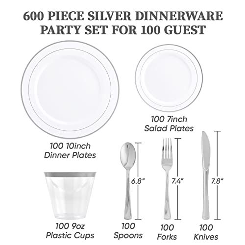 Silver Rim Plastic Dinnerware Set for 100 Guests