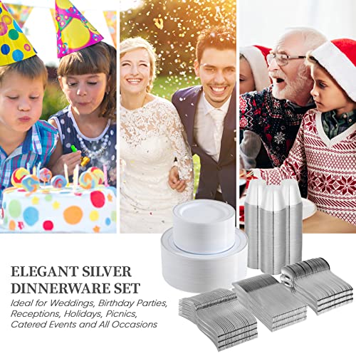 Silver Rim Plastic Dinnerware Set for 100 Guests