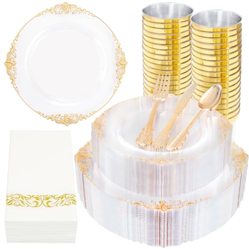 350PCS Clear Gold Plastic Dinnerware Set for 50 Wedding Guests