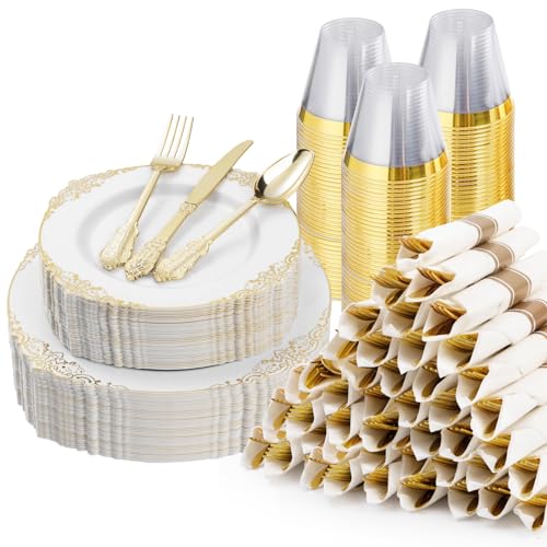 Gold Plastic Plates Package for 50 Guests, Wedding Decor