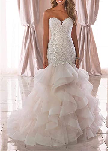 Ivory Lace Mermaid Wedding Dress with Ruffle Skirt