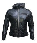 Batman Logo Leather Biker Jacket with Detachable Hood