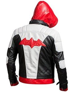 Red Hood Leather Jacket with Bat Logo