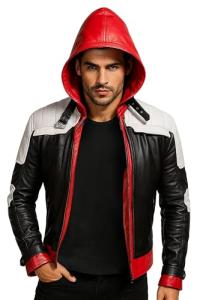 Red Hood Leather Jacket with Bat Logo