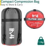 Trail-Alpin-Schlafsack mit Kapuze – 250 g Schlafsack, 3-Jahreszeiten- Schlafsack. Leicht, kleines Packmaß – mit Kapuze und Kompressionssack (Rot)