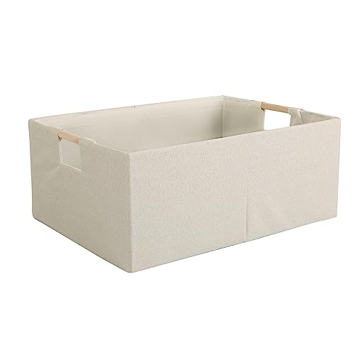 LaMorée Fabric Storage Bin Box Foldable Cotton Linen Storage Basket with Wooden Handles Rectangular Cube Decorative Home Nursery Laundry Organizer Clothes Blanket Container – Beige, Small