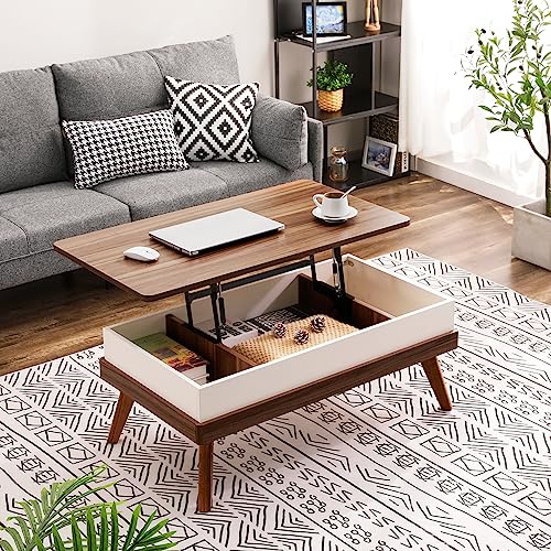 Bidiso Lift Top Coffee Table, Easy-to-Assembly Center Table with Hidden Storage Compartment, Modern Dining Table for Living Room Reception/Home Office, Walnut