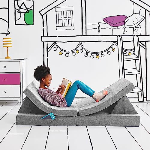 Yourigami Kids and Toddler Play Couch, Convertible Folding Sofa, Durable Foam Modular Design, Mountain Gray