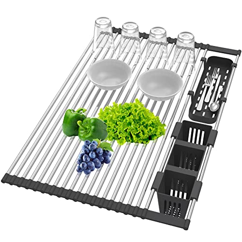 Extra Large Black Expandable Roll Up Dish Drying Rack Up to 25.1''with 2 Storage Baskets,Over The Sink Kitchen Rolling up Dish Drainer Dish Drying Rack in Sink, Foldable,Rollable,for Kitchen Dishes