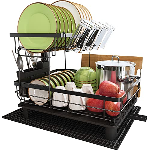 BOOSINY Dish Racks for Kitchen Counter, Dish Drying Rack with Utensil Holder, 2 Tier Dish Drainer and Darinboard Set with Cup Holder, Cutting-Board Holder and Drying Mat (Black)