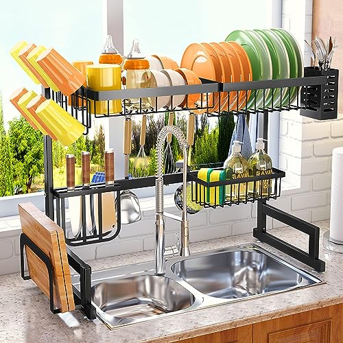 Over The Sink Dish Drying Rack, Adjustable (26.8" to 34.6") Large Dish Drying Rack for Kitchen Counter with Multiple Baskets Utensil Sponge Holder Sink Caddy, 2 Tier Black
