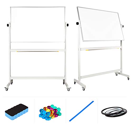 Rolling Whiteboard Dry Erase Board on Wheels with Stand 48x32" Large, Portable, Double Sided Mobile Whiteboard on Wheels with Magnetic Eraser, Ruler, 2 Gridding Tapes, 12 Pin Magnets for Home Office