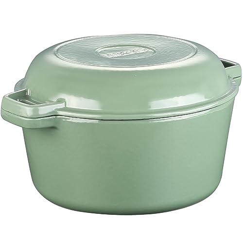 SHYIS 5.5 Quart Enameled Cast Iron Dutch Oven, 2-In-1 Enamel Oven with Skillet Lid for Grill, Stovetop, Induction (Gray Green)