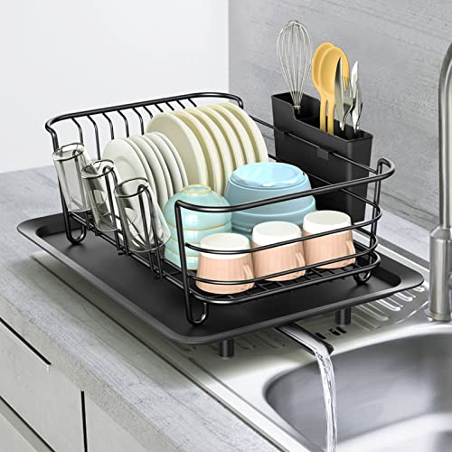 Klvied Dish Drying Rack with Swivel Spout, Drainboard, Dish Drainers / Strainer for Kitchen Counter with Removable Utensil Holder in Sink , Stainless Steel , Black
