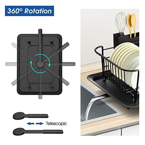 Klvied Dish Drying Rack with Swivel Spout, Drainboard, Dish Drainers / Strainer for Kitchen Counter with Removable Utensil Holder in Sink , Stainless Steel , Black