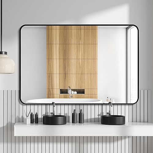 ARTWIND 40x30 Inch Bathroom Wall Mirror for Vanity, Black Metal Frame Rectangular Mirror, Large Modern Round Corner Mirror (Horizontal/Vertical)
