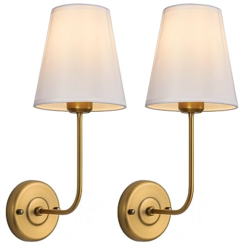 Passica Decor Wall Sconces Set of Two Antique Brass Vintage Industrial Wall Lamp Light Fixture with Flared White Fabric Shade for Living Room Bedrooms Bedside Reading Fireplace Farmhouse