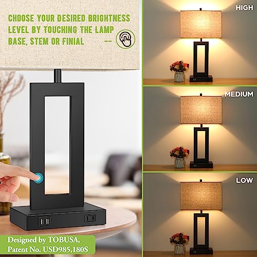 Set of 2 Touch Control Table Lamp with 2 USB Ports, 3-Way Dimmable Modern Nightstand Lamp Sets Bedside Touch Desk Lamp with Fabric Cream Shade For Bedroom Table Living Room Reading, LED Bulbs Included